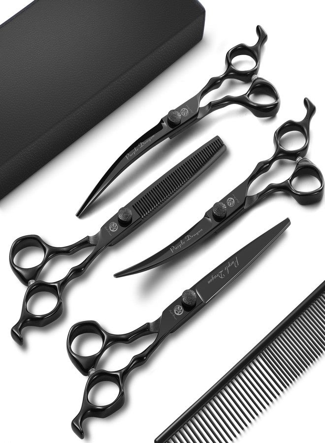 Purple Dragon Dog Grooming Scissors Set - Thinning, Straight, Up & Down Curved Scissors and Comb, 7 Inch Black Shears with Adjustable Screw for Dogs and Cats - Image 1